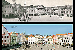 Náměstí v Českém Krumlově před 100 lety a nyní, foto: 1905 Josef Seidel, 2005 Lubor Mrázek